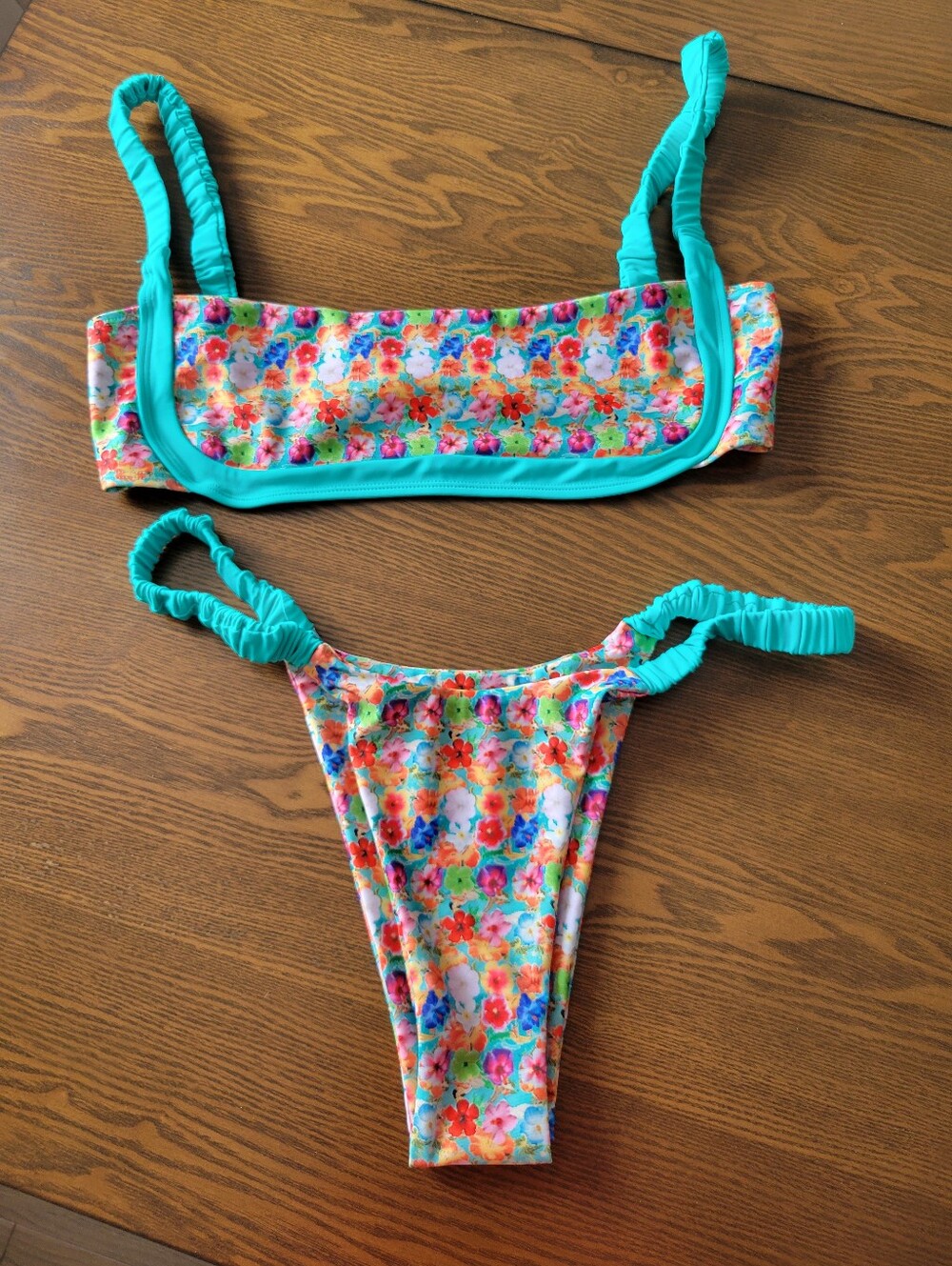 Strawberry Milk Mob Floral Bikini with Teal Trim